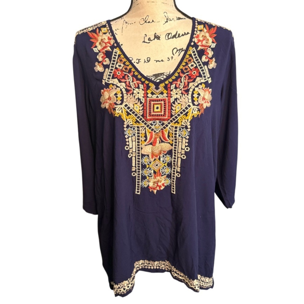 Navy Blue Intricately Embroidered Boho Tunic Lagenlook Festival Top Womens Sz L